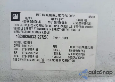 2003 Chevrolet Express from USA, damaged, VIN 1GCHG35UX31227268